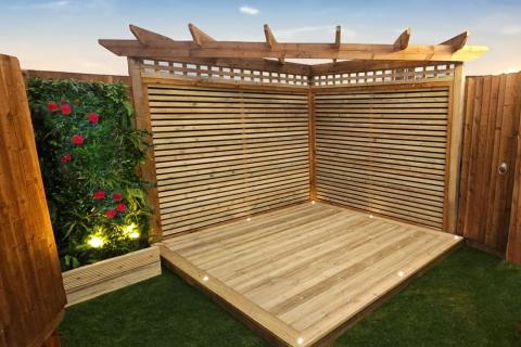 An assembled finished deck construction in wood