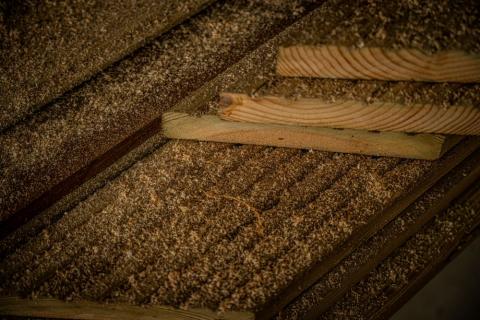 a close up picture of sawn wooden planks with sawdust